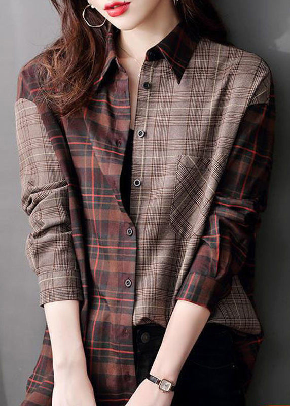 Italian Plaid Peter Pan Collar Button Patchwork Cotton Shirts Fall