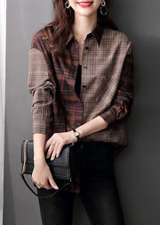 Italian Plaid Peter Pan Collar Button Patchwork Cotton Shirts Fall