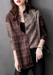 Italian Plaid Peter Pan Collar Button Patchwork Cotton Shirts Fall