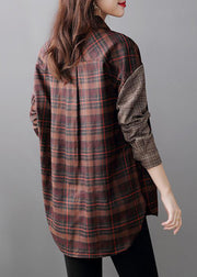 Italian Plaid Peter Pan Collar Button Patchwork Cotton Shirts Fall