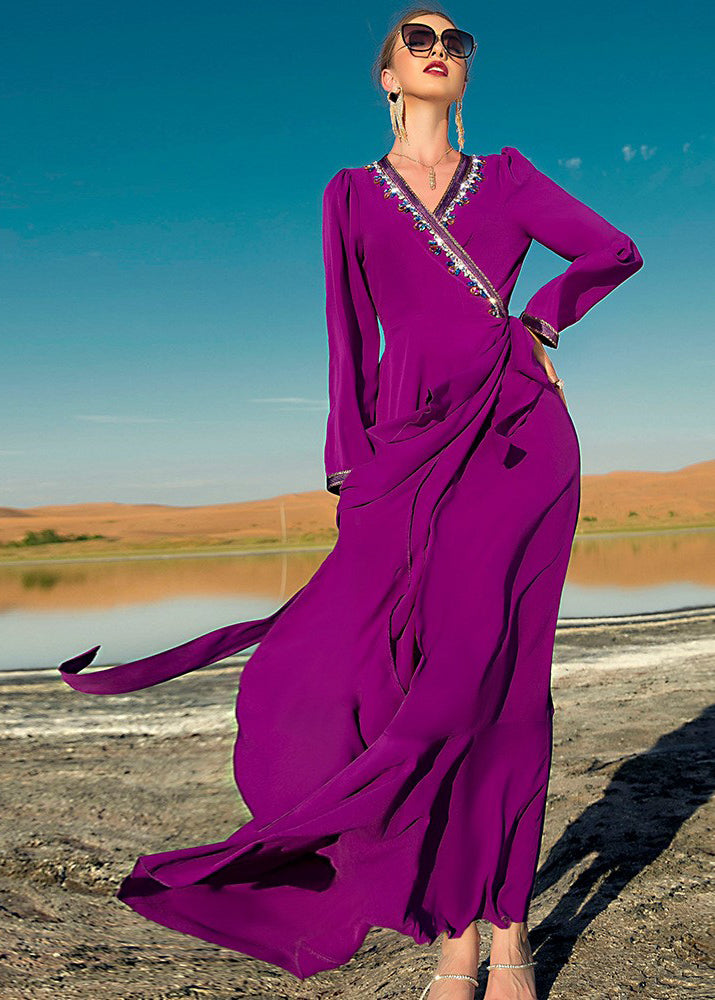 Italian Purple Asymmetrical Ruffled Patchwork Tassel Chiffon Maxi Dress Long Sleeve