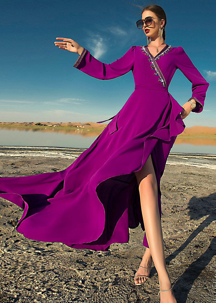 Italian Purple Asymmetrical Ruffled Patchwork Tassel Chiffon Maxi Dress Long Sleeve