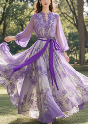 Italian Purple Cinched Print Chiffon Long Dress Fall