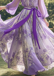 Italian Purple Cinched Print Chiffon Long Dress Fall