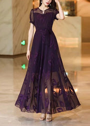 Italian Purple Embroidered Lace Up Chiffon Maxi Dress Summer