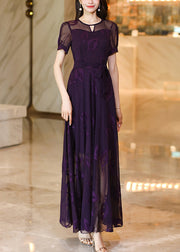 Italian Purple Embroidered Lace Up Chiffon Maxi Dress Summer