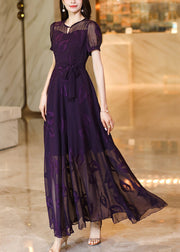 Italian Purple Embroidered Lace Up Chiffon Maxi Dress Summer