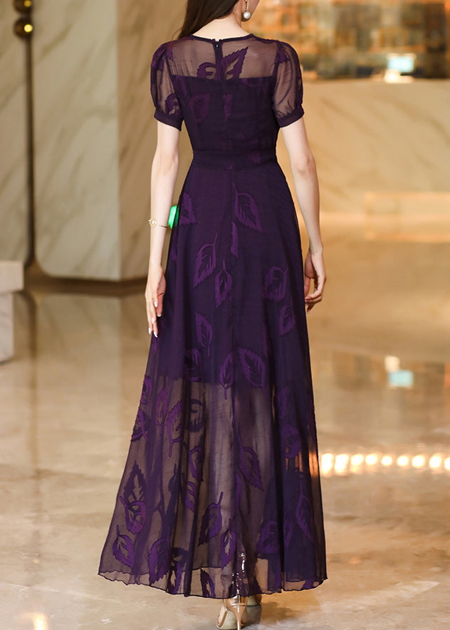 Italian Purple Embroidered Lace Up Chiffon Maxi Dress Summer