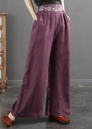 Italian Purple Embroidered Pockets Linen Straight Pants Spring