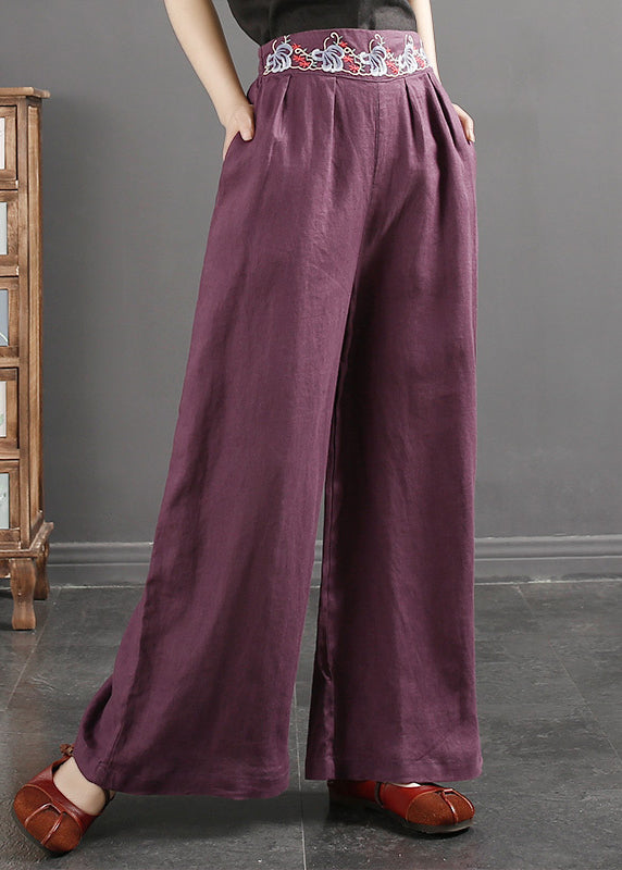 Italian Color Geometry Embroidered Pockets Linen Straight Pants Spring