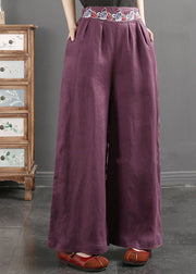 Italian Color Geometry Embroidered Pockets Linen Straight Pants Spring