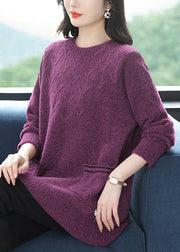 Italian Purple O Neck Pockets Thick Woolen Knit Sweaters Winter