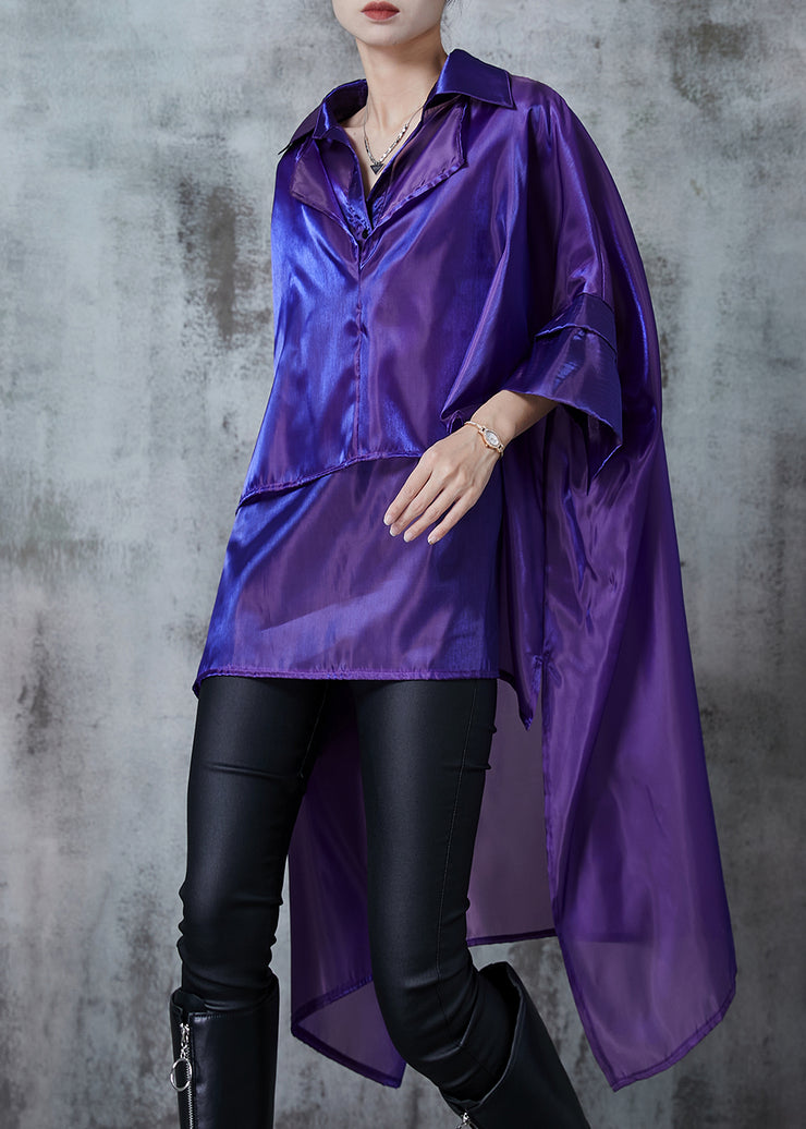 Italian Purple Oversized Asymmetrical Design Silk Long Shirt Summer