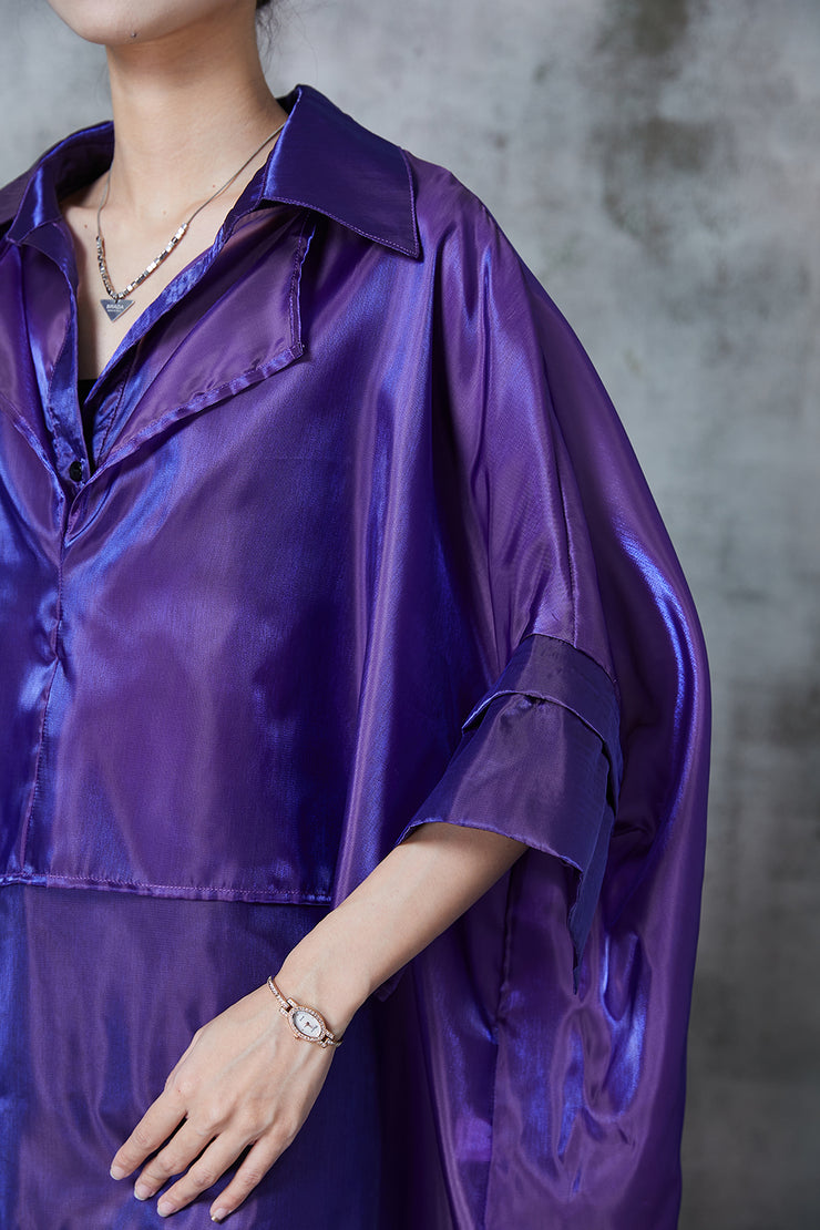 Italian Purple Oversized Asymmetrical Design Silk Long Shirt Summer