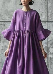 Italian Purple Oversized Exra Large Hem Cotton Long Dress Flare Sleeve