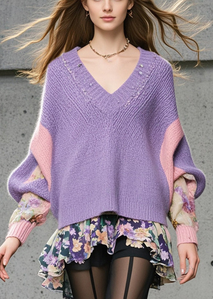 Italian Purple Oversized Patchwork Knit Sweaters Batwing Sleeve