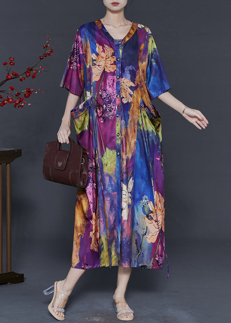 Italian Purple Oversized Print Silk Long Dress Summer