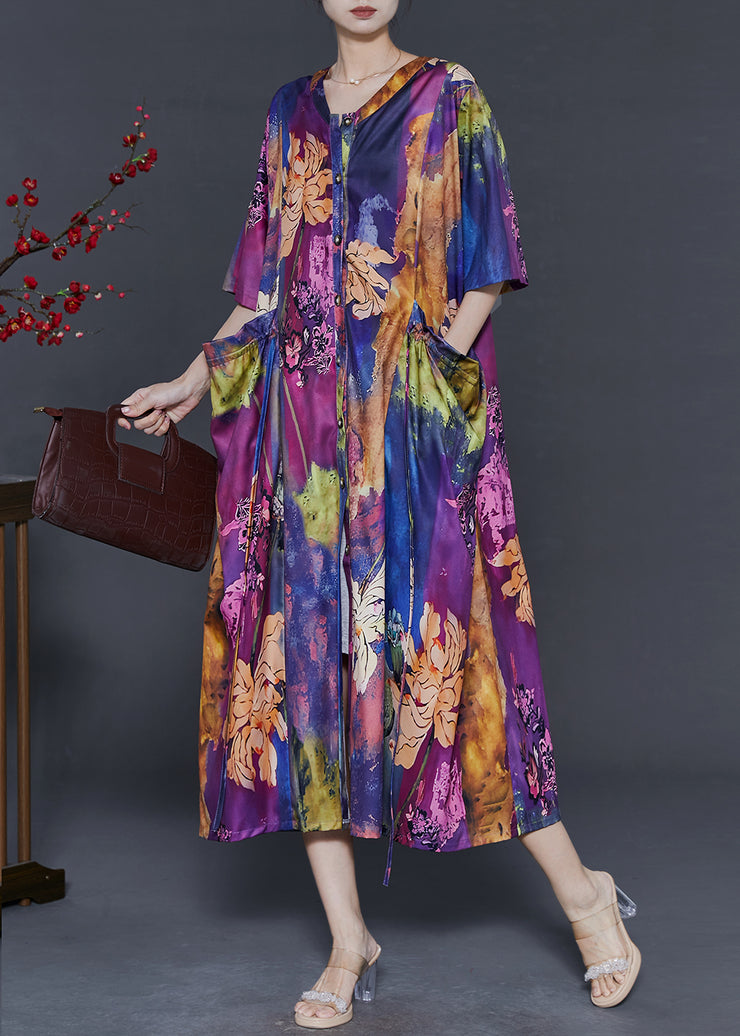 Italian Purple Oversized Print Silk Long Dress Summer