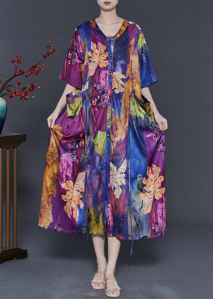 Italian Purple Oversized Print Silk Long Dress Summer