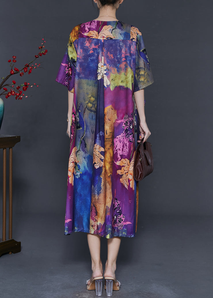 Italian Purple Oversized Print Silk Long Dress Summer