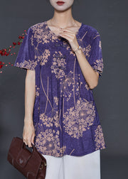 Italian Purple Oversized Print Silk Shirt Tops Summer