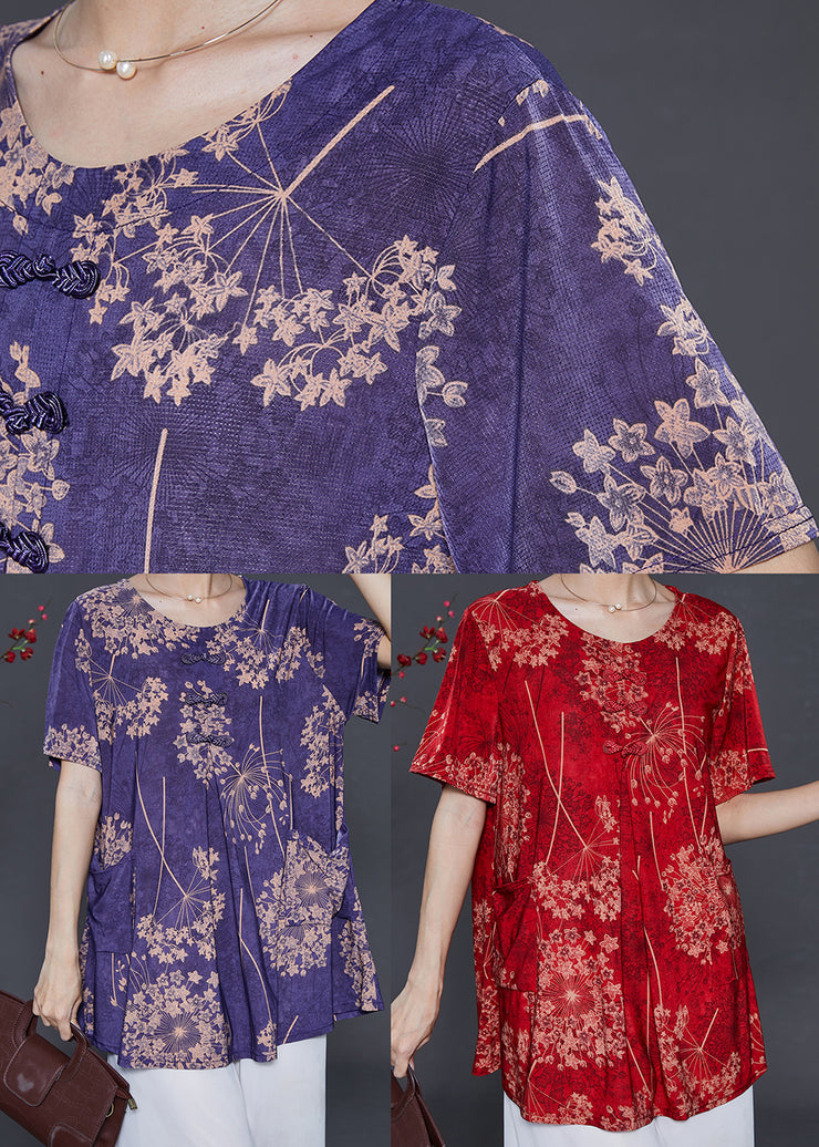 Italian Purple Oversized Print Silk Shirt Tops Summer