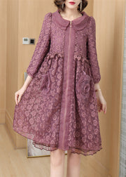 Italian Purple Peter Pan Collar Zip Up Patchwork Lace Dress Fall