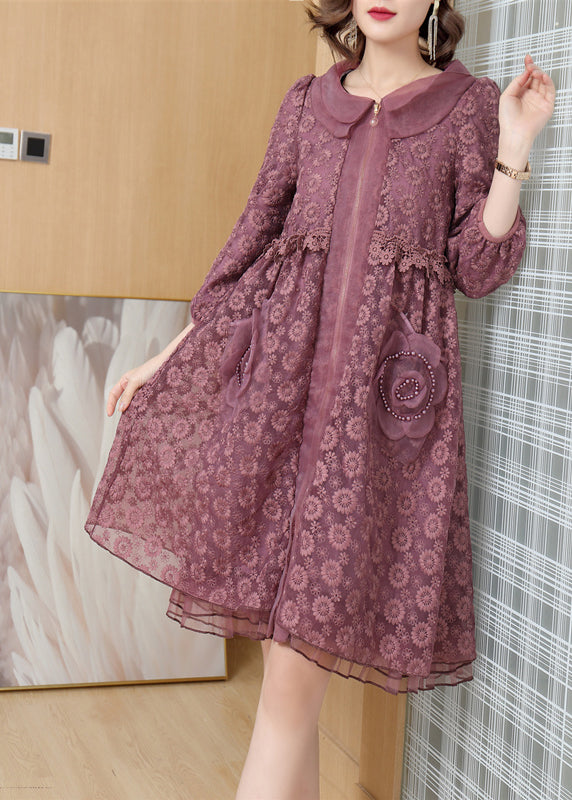 Italian Purple Peter Pan Collar Zip Up Patchwork Lace Dress Fall