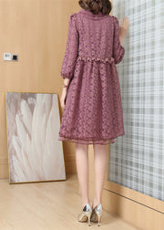 Italian Purple Peter Pan Collar Zip Up Patchwork Lace Dress Fall