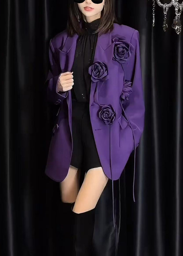 Italian Purple Pockets Floral Decorated Suit Coat Spring