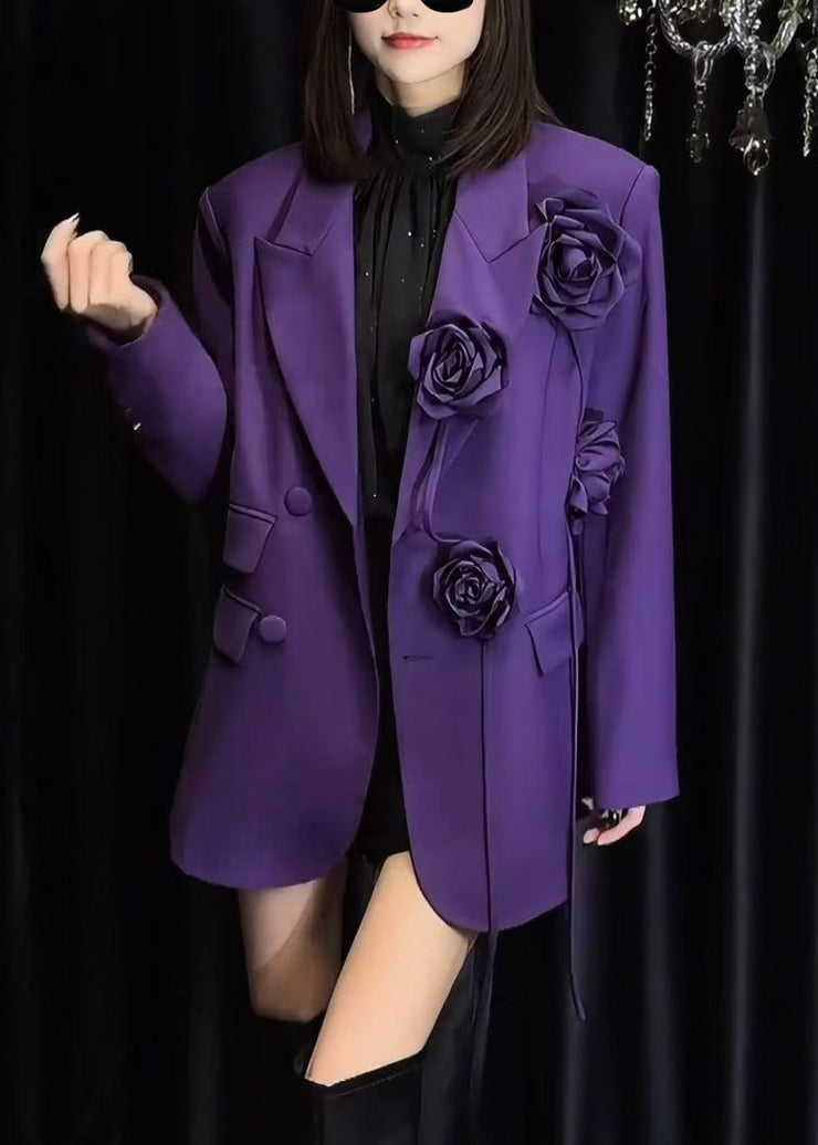 Italian Purple Pockets Floral Decorated Suit Coat Fall