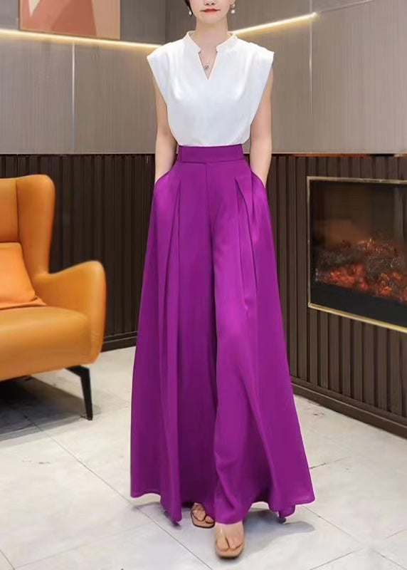 Italian Purple Pockets High Waist Chiffon Wide Leg Pants Summer