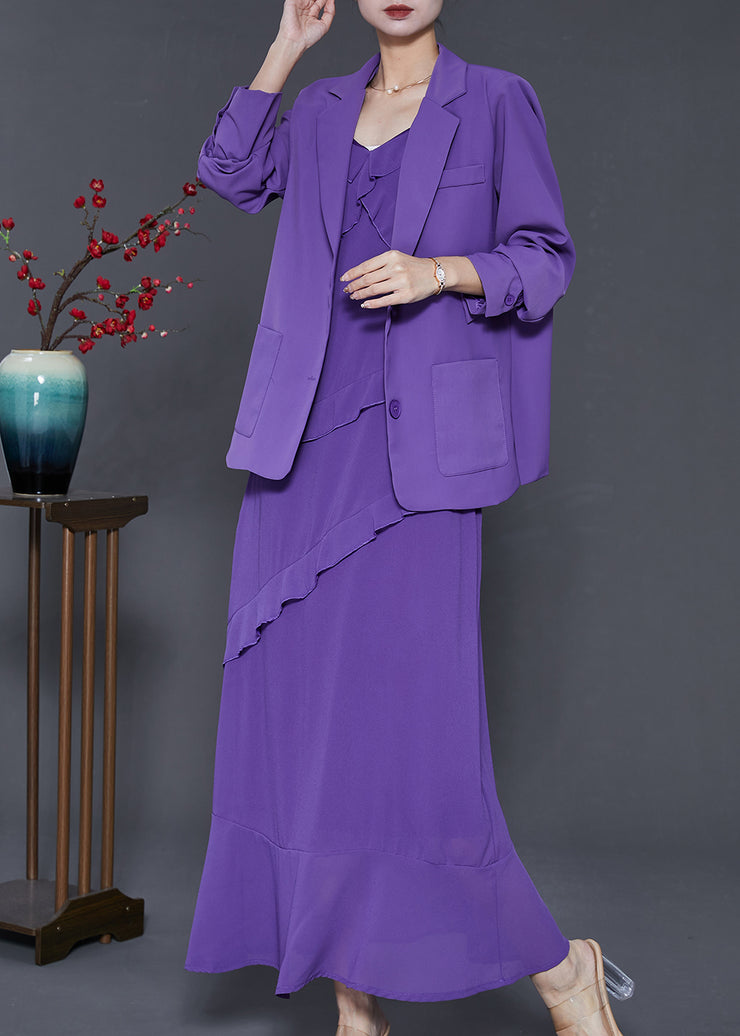 Italian Purple Ruffled Chiffon Spaghetti Strap Dress Two Piece Set Summer