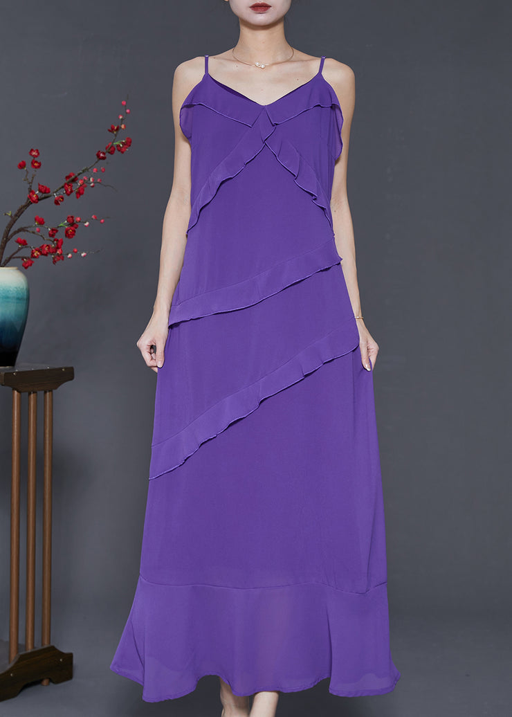 Italian Purple Ruffled Chiffon Spaghetti Strap Dress Two Piece Set Summer