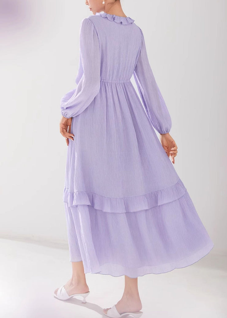 Italian Purple Ruffled Elastic Waist Silk Long Dresses Fall