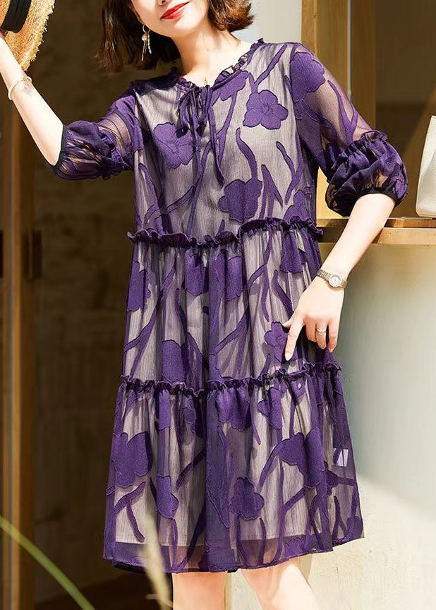 Italian Purple Ruffled Lace Up Chiffon Dresses Half Sleeve