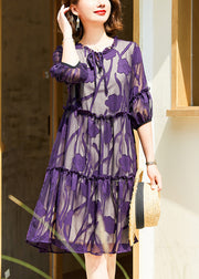 Italian Purple Ruffled Lace Up Chiffon Dresses Half Sleeve