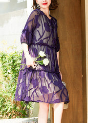 Italian Purple Ruffled Lace Up Chiffon Dresses Half Sleeve