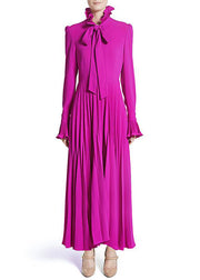 Italian Purple Ruffled Lace Up Wrinkled Silk Dress Spring