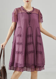 Italian Purple Ruffled Tasseled Silk Tea Dress Summer