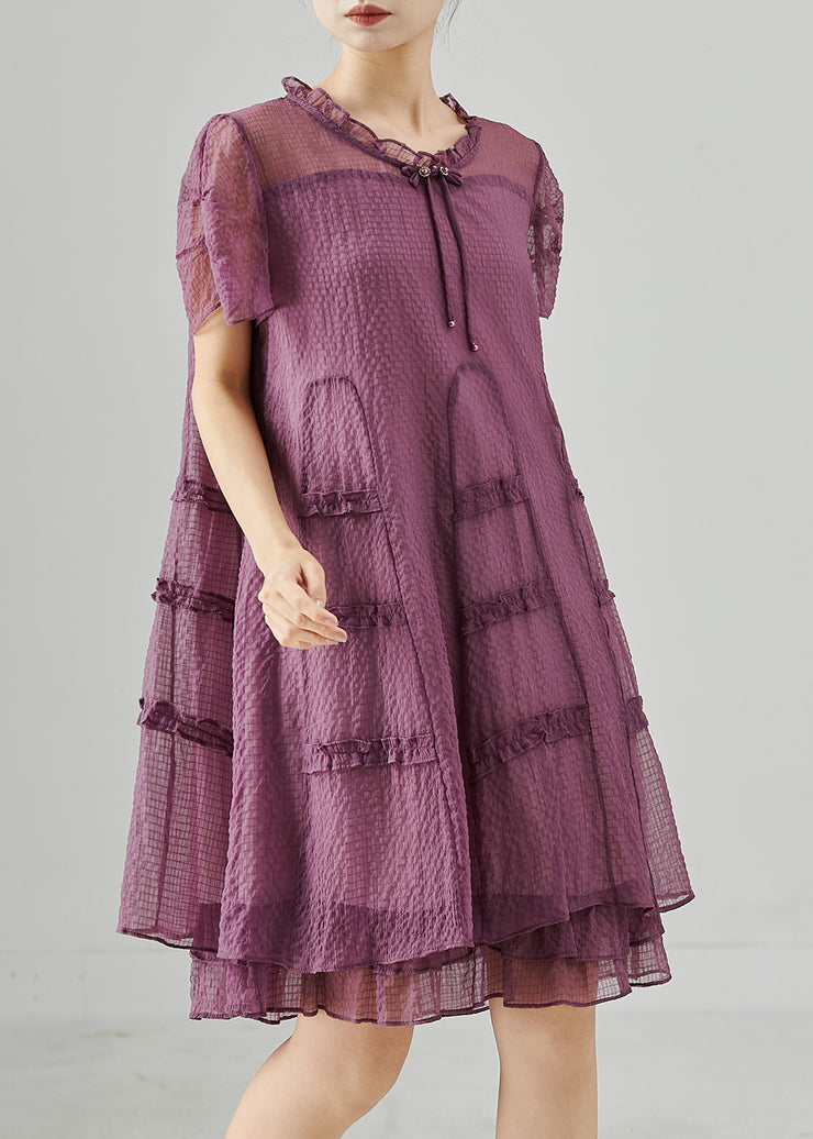 Italian Purple Ruffled Tasseled Silk Tea Dress Summer