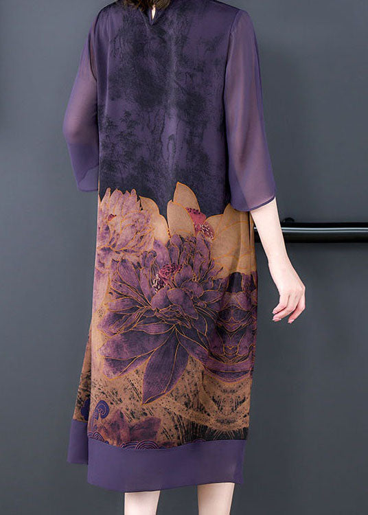 Italian Purple Stand Collar Tasseled Print Patchwork Silk Dress Summer