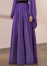 Italian Purple Stand Collar Wrinkled Silk Long Dresses Lantern Sleeve