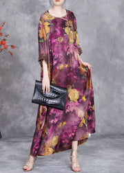 Italian Purple Tasseled Print Patchwork Silk Dress Half Sleeve