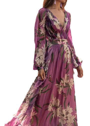 Italian Purple V Neck Print Chiffon Maxi Dresses Long Sleeve