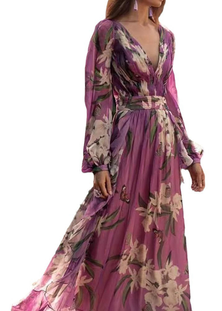 Italian Purple V Neck Print Chiffon Maxi Dresses Long Sleeve