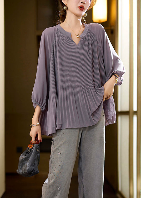 Italian Purple V Neck Wrinkled Chiffon Blouse Top Fall