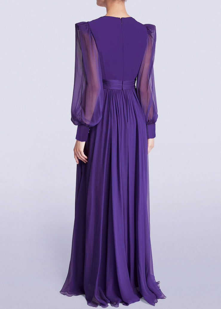 Italian Purple V Neck Wrinkled Chiffon Maxi Dresses Fall