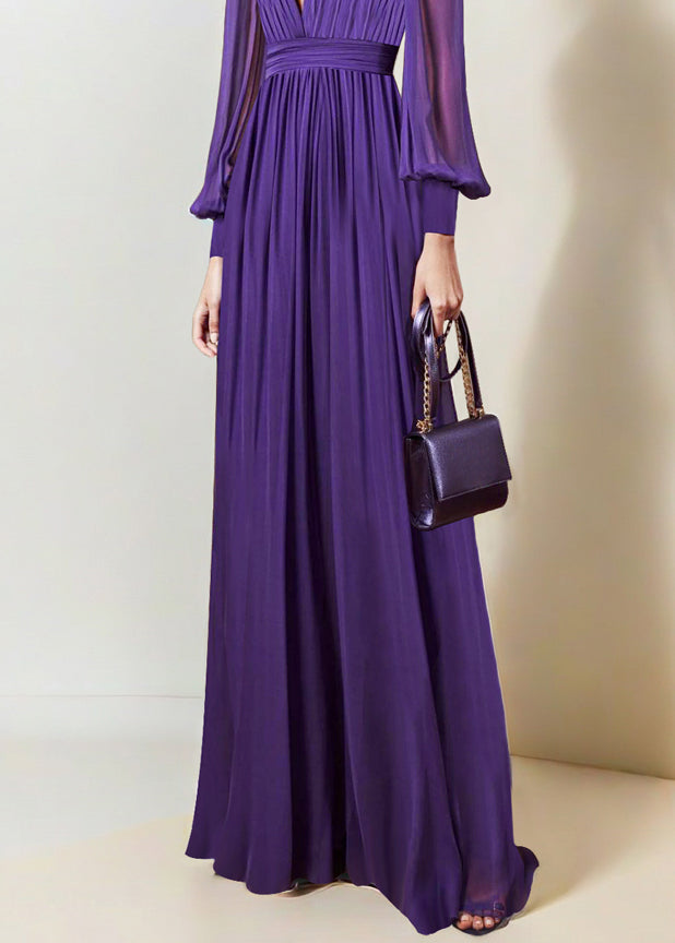 Italian Purple V Neck Wrinkled Chiffon Maxi Dresses Fall