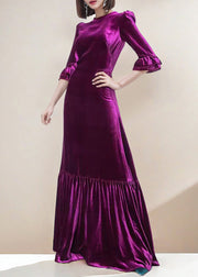 Italian Purple Zippered Wrinkled Velour Long Dress Butterfly Sleeve